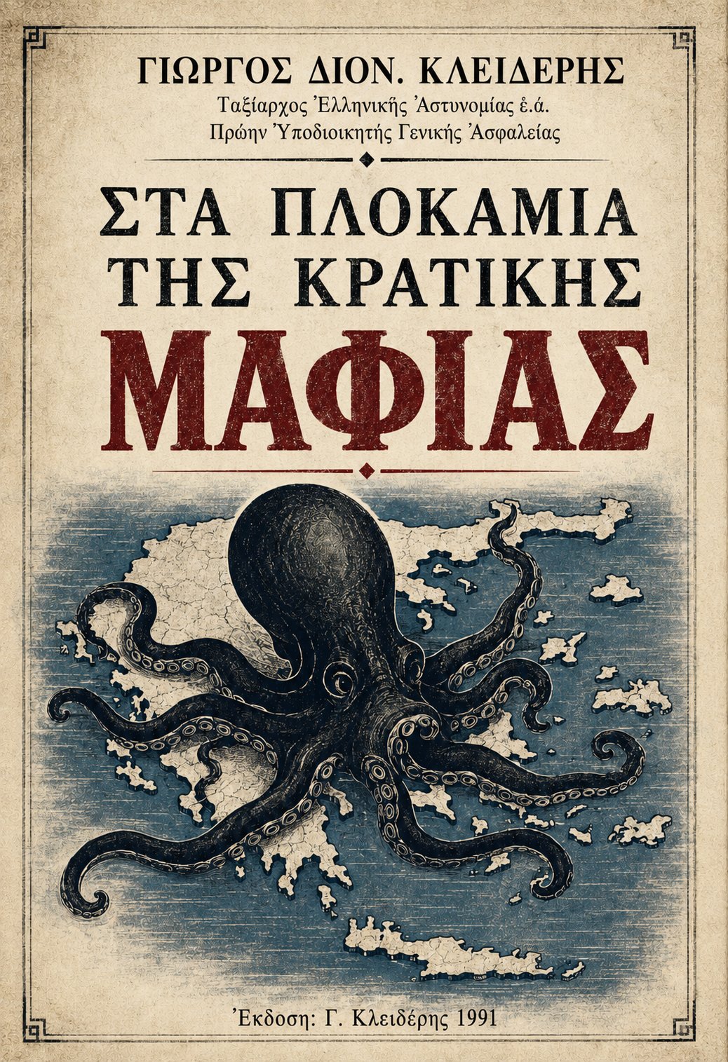 Εξώφυλλο — «Στα πλοκάμια της κρατικής μαφίας», έκδοση Γ. Κλειδέρης 1991: χταπόδι πάνω από τον χάρτη της Ελλάδας